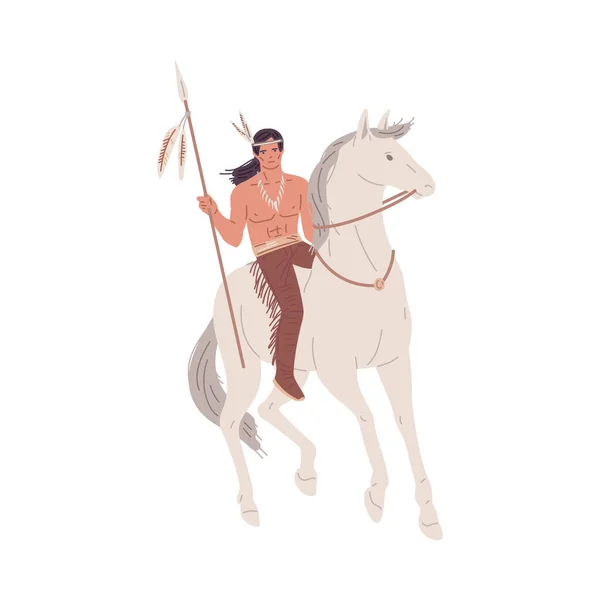 美洲印第安人部落战士 骑着长矛 白色背景上孤立的扁平矢量图解 身穿传统服装和配饰的美洲原住民男子 — 图库矢量图片