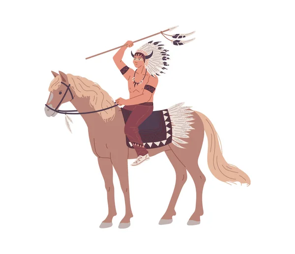 骑在马上的美洲土著人战士 带着长矛武器 白色背景上孤立的扁平矢量图解 身穿传统服装和羽毛头饰的美洲土著部落成员 — 图库矢量图片