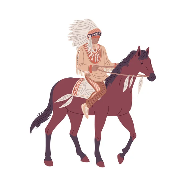 Člen Kmene Původních Američanů Koni Ploché Vektorové Znázornění Izolované Bílém — Stockový vektor