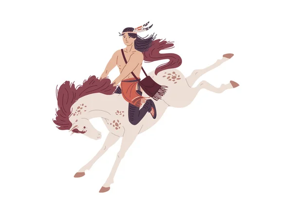 Native American Indian Male Character Riding Horse Flat Vector Illustration — Stock Vector