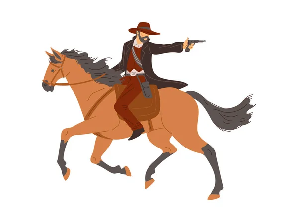西方牛仔或强盗骑着马射击手枪 白色背景上孤立的扁平矢量图解 牛仔或西部游侠还原男性角色 — 图库矢量图片