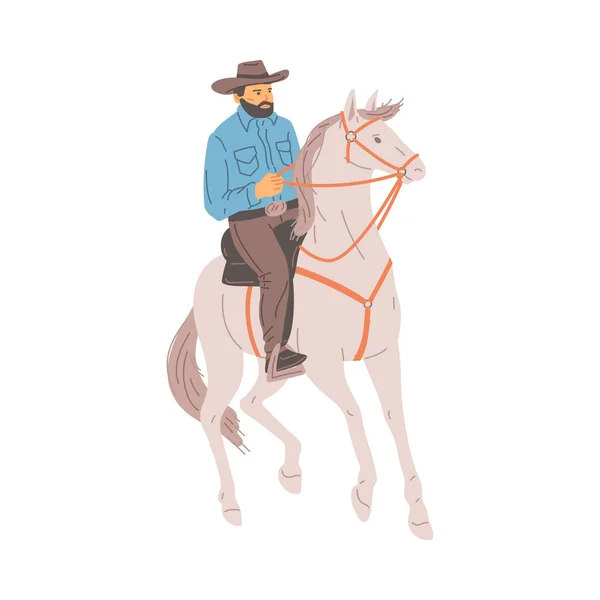Cowboy Ridning Häst Platt Vektor Illustration Isolerad Vit Bakgrund Vilda — Stock vektor