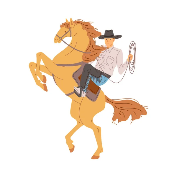 Cowboy Cheval Avec Lasso Illustration Vectorielle Plate Isolée Sur Fond — Image vectorielle