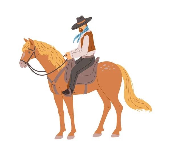 カウボーイ乗馬馬 白い背景に隔離された漫画のフラットベクトルイラスト 馬に乗って危険な野生の西の文字 — ストックベクタ