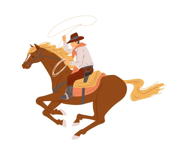 Cowboy Cavalo Jogando Laço Ilustração Vetorial Plana Isolado Fundo Branco — Vetor de Stock