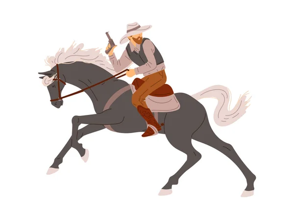 馬に銃を持つ危険なカウボーイ 白い背景に隔離された漫画のフラットベクトルイラスト 野生の西の文字乗馬馬 銃を持った西テキサス人 — ストックベクタ