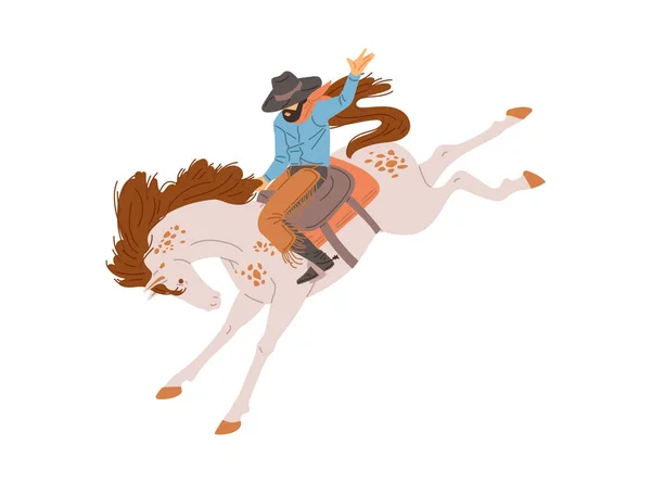 酷牛仔骑马 平面矢量图解孤立在白色背景上 骑着马从西部荒野来的人 穿着牛仔服装的人骑马者 — 图库矢量图片