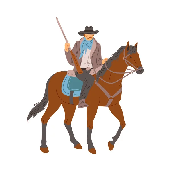 美国警长或骑警 战马上有来复枪的男性特征 白色背景上有扁平的矢量图解 古老的北美牛仔 — 图库矢量图片