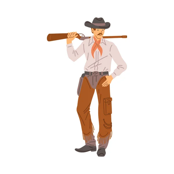 Западный Американский Шериф Бандит Мужского Пола Винтовкой Плечах Плоские Векторные — стоковый вектор