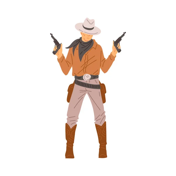 Cowboy Occidental Bandit Gangster Debout Avec Pistolets Illustration Vectorielle Plate — Image vectorielle