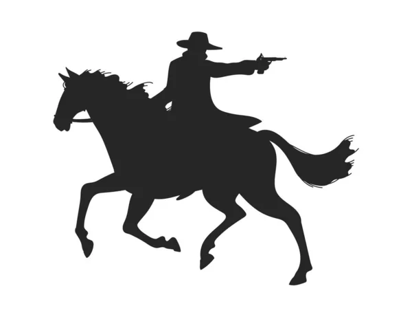 Cowboy Bandit American Western Shoots Pistol Sitting Horse Contour Silhouette — Stock Vector