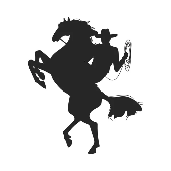 牛仔或护林员与拉索骑着跳跃的马的轮廓 在白色背景上孤立的矢量图解 牛仔竞技和赛马等高线图像 — 图库矢量图片