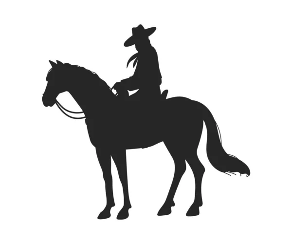 Cowboy or animal herder on horse, black silhouette - flat vector illustration isolated on white background. Wild West character riding horse. Western style.