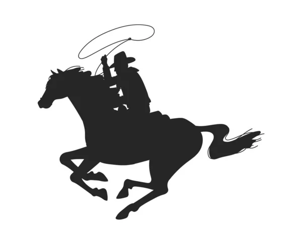 牛仔把拉索扔在马背上的轮廓 白色背景上孤立的矢量图解 牛仔或牛仔骑手黑色轮廓 — 图库矢量图片