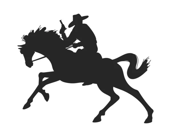危险的牛仔骑着马带着枪 黑色轮廓扁平的矢量图孤立在白色背景上 野生西部警长的性格 — 图库矢量图片