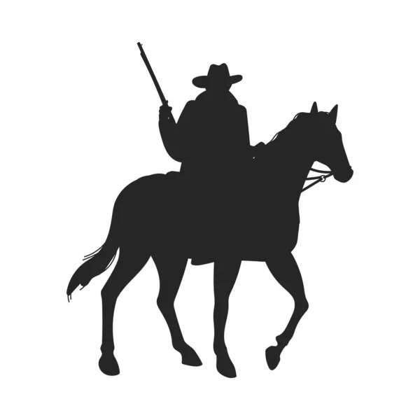 牛仔或西欧护林员的黑色轮廓 骑着来福枪 白色背景上的平面矢量图解孤立 牛仔骑马者 — 图库矢量图片