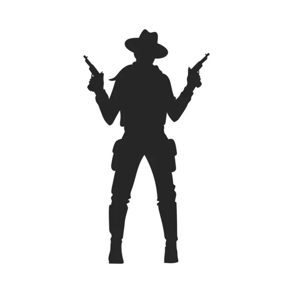 Cowboy Holding Two Guns Black Silhouette Flat Vector Illustration Isolated — Stock Vector