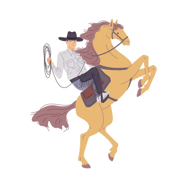 Cowboy Oder Rodeoreiter Werfen Lasso Sitzend Auf Sich Aufbäumenden Pferden — Stockvektor