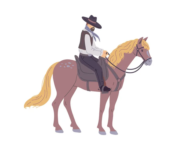 ワイドつばの帽子乗馬馬でひげそりカウボーイやレンジャー 白い背景に隔離されたフラットベクトルイラスト カウボーイまたは保安官ホースマン男性キャラクター — ストックベクタ