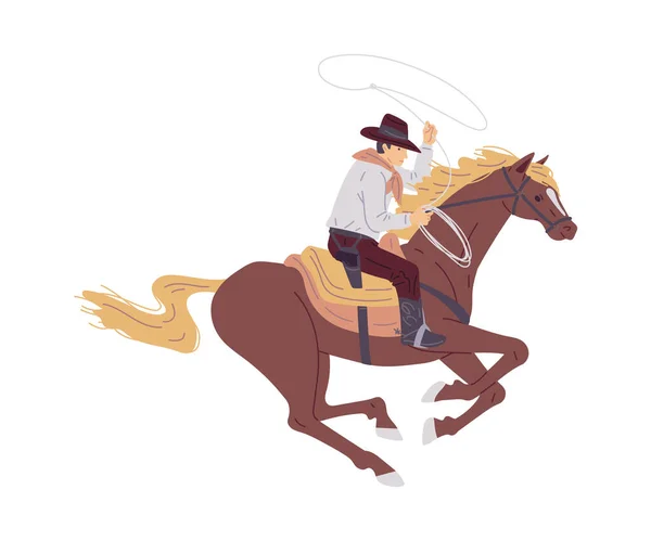 白い背景に隔離された馬フラットベクトルイラスト上のラッソギャロップとカウボーイ カウボーイ男性キャラクターの乗馬は 牛や馬をラッソでキャッチ — ストックベクタ