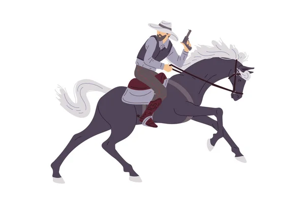 牛仔骑着马带着枪 卡通平面矢量图解孤立在白色背景上 狂野的西部警长骑马 西方人物画 — 图库矢量图片