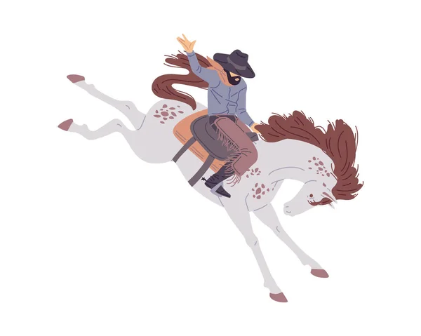 カウボーイは野生の馬やブロンコを平和化します ロデオ競馬参加者 カウボーイ男性キャラクター フラットベクトルイラストは白い背景に隔離 — ストックベクタ