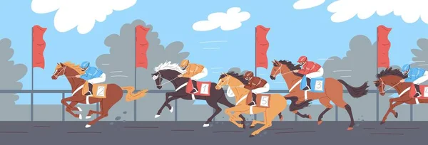 馬にジョッキーライダーと馬のレースの風景を背景に 平らなベクトルイラスト 競馬の競争とギャンブルエンターテイメントイベントの背景 — ストックベクタ