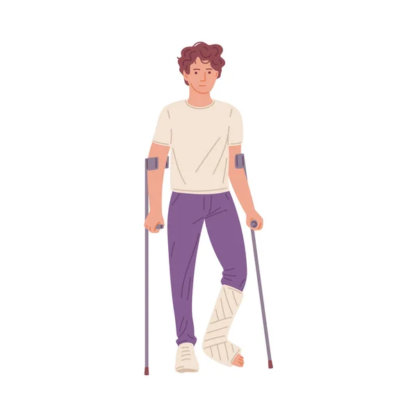 stock vector Injured man with broken leg in cast, flat vector illustration isolated on white background. Young man walking with crutches after injury accident.