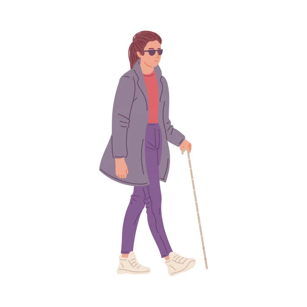 杖で歩く視覚障害者の女性 白い背景に隔離された平らなベクトルイラスト 視覚障害者のサングラスです 多様性 包摂の概念 — ストックベクタ