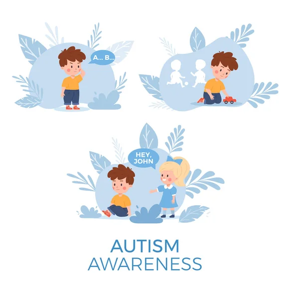 自闭症意识的概念 有自闭症症状的男孩谱系障碍 扁平的载体说明孤立在白色 自闭症患儿更喜欢一个人玩 有沟通问题 — 图库矢量图片