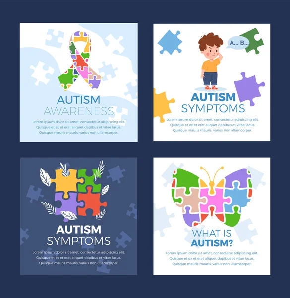 自闭症意识正方形海报集 平面矢量插图 多彩的自闭症谱系障碍的拼图符号 小男孩有学习困难和语言障碍 — 图库矢量图片