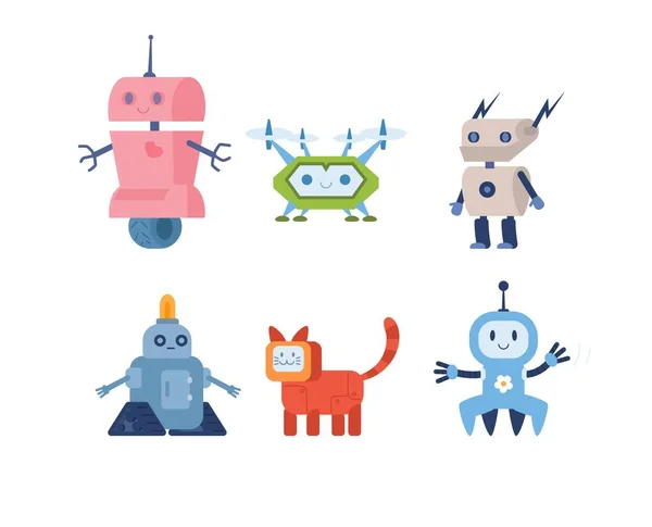 Set Cute Childish Smart Robots Different Forms Flat Style Vector — Stock Vector
