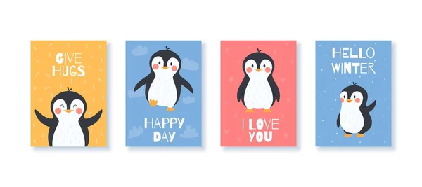 Lovely Winter Cards Posters Bundle Adorable Little Penguin Character Flat — Stock Vector