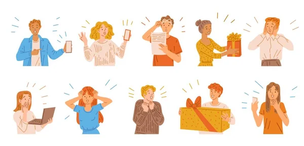 Set of surprised people with gift boxes, laptops and phones - flat vector illustration isolated on white background. Diverse men and women express emotions - shock, excitement, amaze and astonishment.