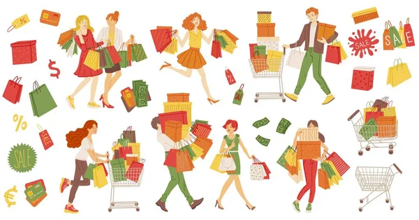 消费主义和购物集的人拿着购物袋 平面矢量图以白色背景隔离 卡通人物概念超支 — 图库矢量图片