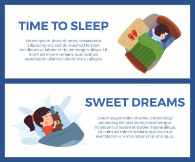 Çocuklar yatakta uyuyor, pankartlar açık - düz vektör çizimi. Uyku zamanı ve tatlı rüyalar yazıtları. Tatlı küçük kız, oyuncak ayıya sarılıp uyuyor. Uyku zamanı konsepti.