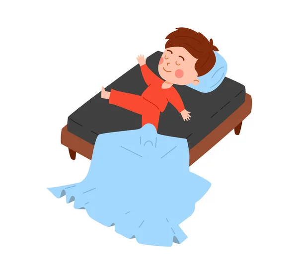 Funny Little Boy Sleeping Bed Blanket Floor Flat Vector Illustration — Stock Vector