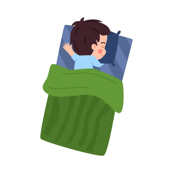 Top View Bed Child Boy Sleeping His Stomach Flat Cartoon — Stock Vector