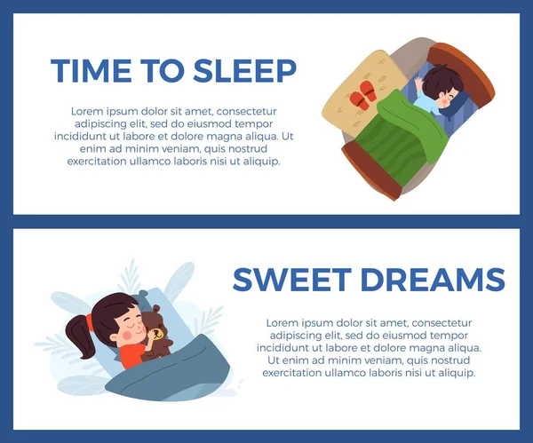 Παιδιά Κοιμούνται Στο Κρεβάτι Σετ Πανό Επίπεδη Διανυσματική Απεικόνιση Ώρα — Διανυσματικό Αρχείο