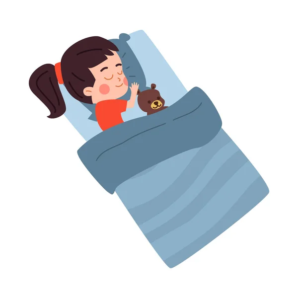 Cute Girl Teddy Toy Sleeping Blanket Flat Cartoon Vector Illustration — Stock Vector