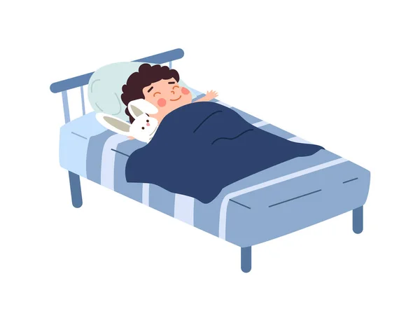 Gelukkig Lachende Jongen Slapen Comfortabele Pose Platte Stijl Vector Illustratie — Stockvector