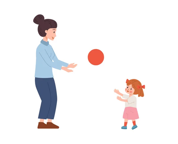 成年妇女和孩子一起玩球 妈妈或保姆为孩子安排运动和娱乐 用白色背景孤立的平面卡通画 — 图库矢量图片