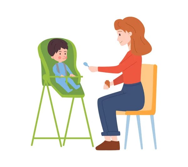 妈妈或保姆喂孩子时 用白色背景孤立的平面卡通矢量图解 在没有父母的情况下照顾幼儿的保姆或临时保姆 — 图库矢量图片