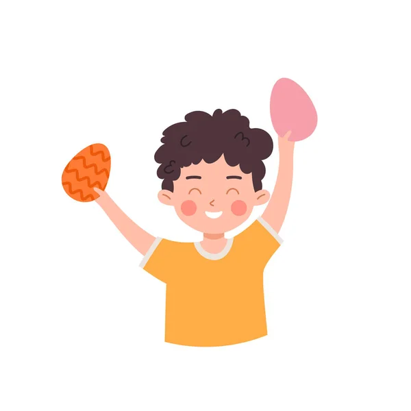 Ευτυχισμένο Μικρό Αγόρι Κρατώντας Πολύχρωμα Αυγά Του Πάσχα Κινούμενα Σχέδια — Διανυσματικό Αρχείο