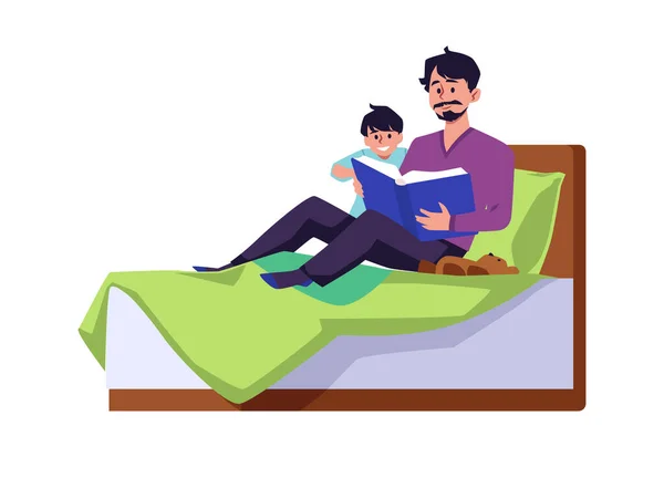 Πατέρας Και Γιος Κάθονται Στο Κρεβάτι Και Διαβάζοντας Βιβλίο Επίπεδη — Διανυσματικό Αρχείο
