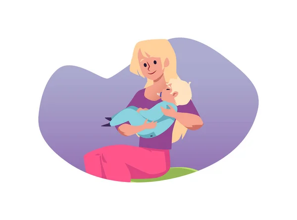 Glimlachende Vrouw Cradling Baby Armen Platte Stijl Vector Illustratie Geïsoleerd — Stockvector