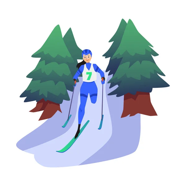 ハッピー障害のある女性選手は白の背景に隔離されたスキーフラットスタイル ベクトルイラストを行きます 足が切断された女性のキャラクター 服で7番目 スポーツ — ストックベクタ