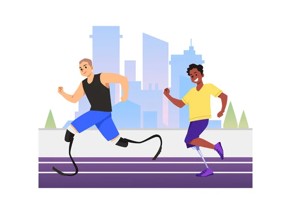 Sportsmen Prosthesis Participates Run Competition Flat Vector Illustration Isolated White — Stock Vector