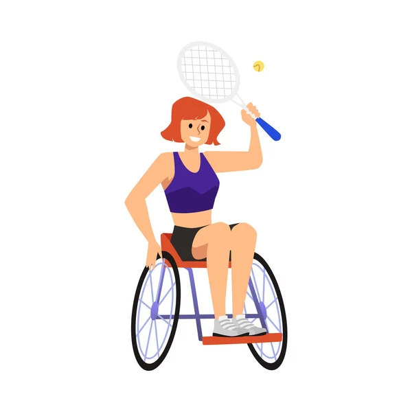轮椅残疾女子打网球运动游戏 平面矢量图解 残疾人体育竞赛和体育活动 — 图库矢量图片
