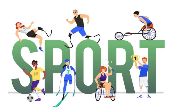 残疾人体育横幅或海报设计模板 带有残疾运动员字符和标题 平面矢量插图 白色背景孤立 — 图库矢量图片